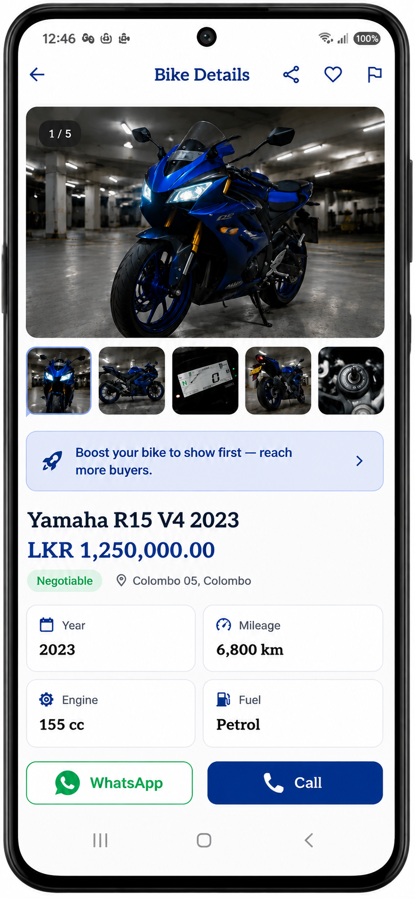 A single motorbike listing showing photos, price and seller details.