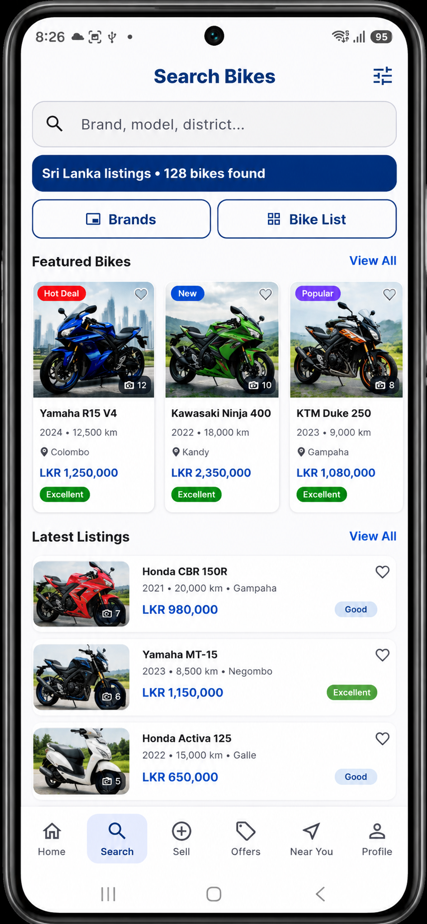 Browsing motorbikes for sale, filtered by district.