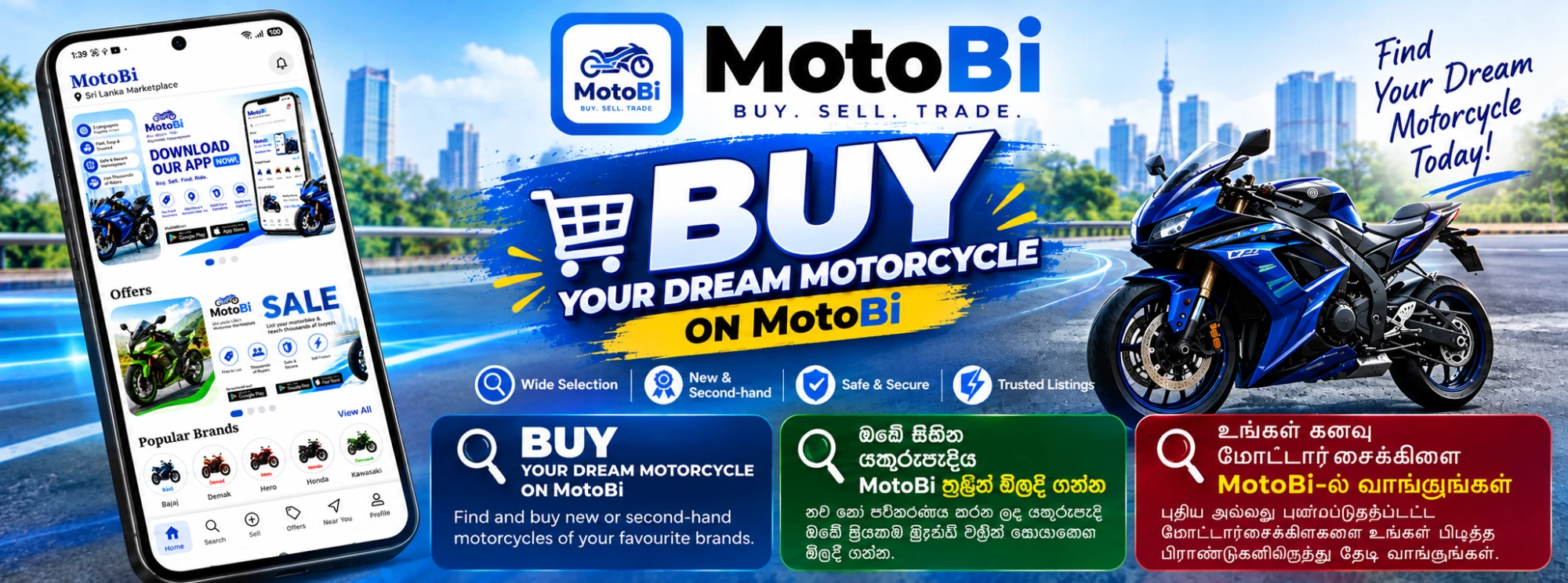 Buy your dream motorcycle on MotoBi — new and second-hand bikes from your favourite brands.