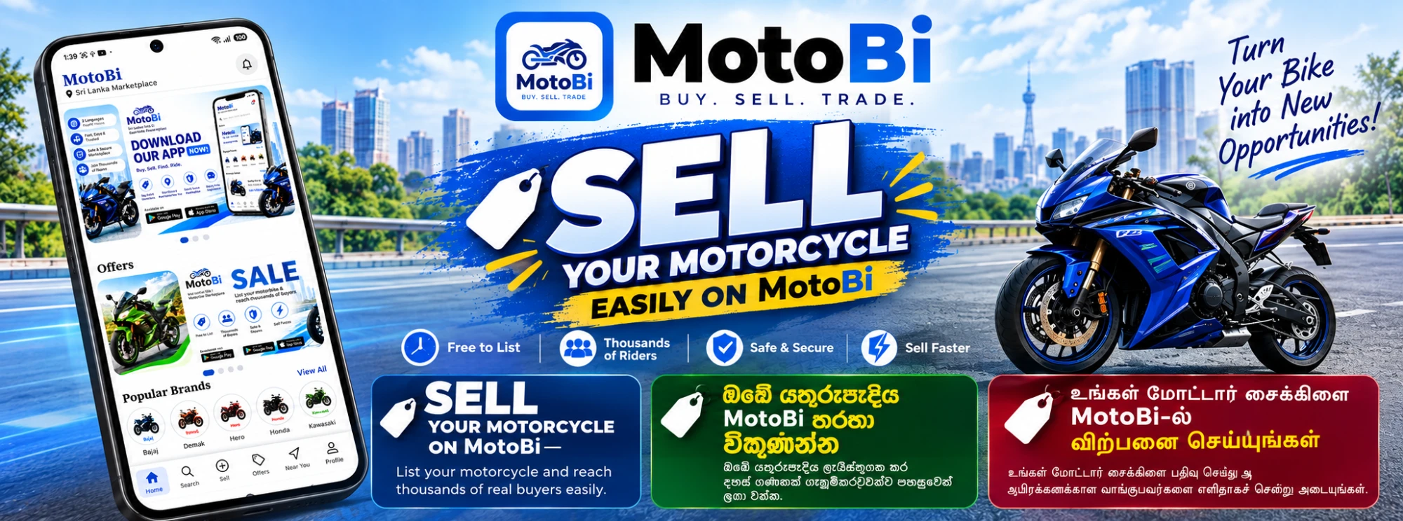 Sell your motorcycle easily on MotoBi — free to list and reach thousands of riders.